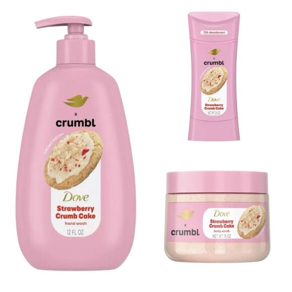 Dove x Crumbl Strawberry Crumb Cake Bundle - Hand Wash, Body Scrub, & Deodorant - Picture 1 of 8